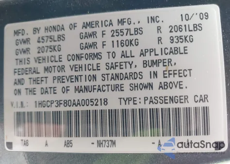 2010 Honda Accord 3.5 Ex-L from USA, damaged, VIN 1HGCP3F80AA005218